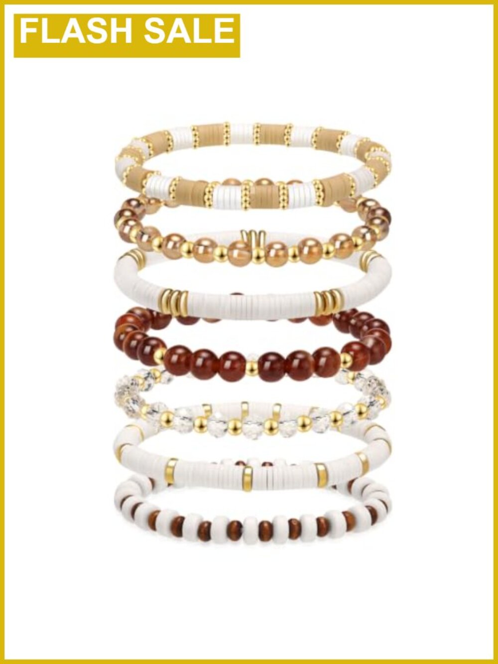 7pc Boho Beaded Stretch Bracelet Set Clay Crystal Gold-Tone Stackable